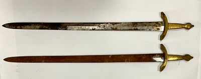 זוג חרבות ברונזה ומתכת עם עבודת חריטות בלהב וחלודה גובה 93 ס"מ