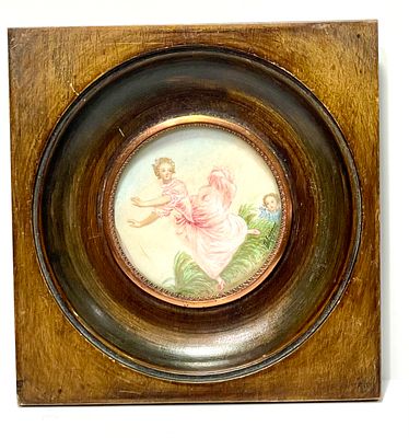 ציור יד איכותי מיניאטורה עתיק חתום במסגרת עץ - 11.5X12 ס''מ