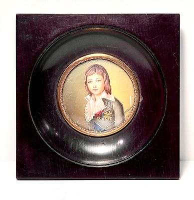 ציור יד איכותי מיניאטורה חתום במסגרת עץ ועיטור ברונזה