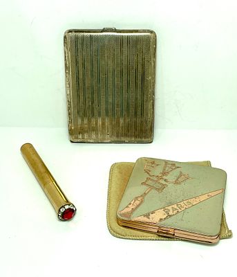 לוט וינטאג'- פודריה PARIS - קופסת סיגריות ארט דקו ומצית בנזין מעוטרת אבנים