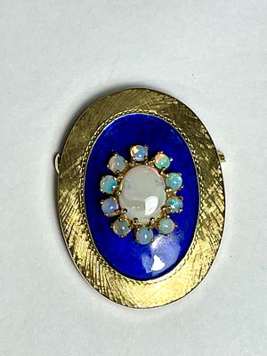 תליון-סיכה זהב 14 קרט עם אמייל ואופלים מעולים 4X3 ס"מ - אופל מרכזי 8.6X8 מ"מ ועוד 10 אופלים 