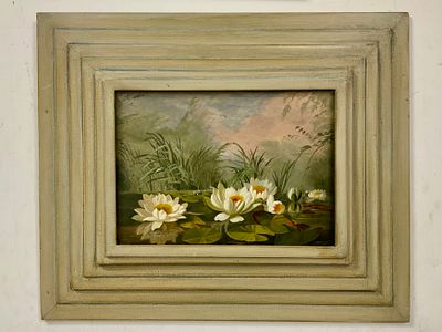 ציור שמן על עץ פרחים על הנהר לא חתום גודל עבודה 35.5X25.5 גודל מסגרת 60X50