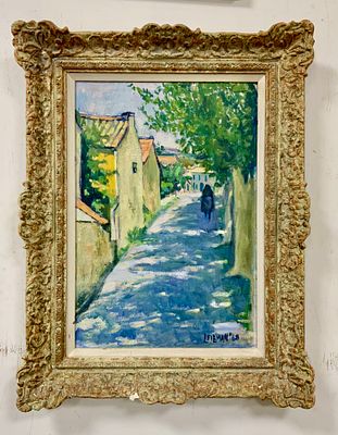 ציור שמן על מזונית חתום בלועזית LEIBMAN מתוארך 1968 רחוב במושב גודל עבודה 35X50 גודל מסגרת 51X67