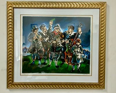 יוסל ברגנר ליטוגרפיה 208/250 חתום בעיפרון , קליזמרים , עם פגם באמצע ראו בתמונות, גודל מסגרת 81X72