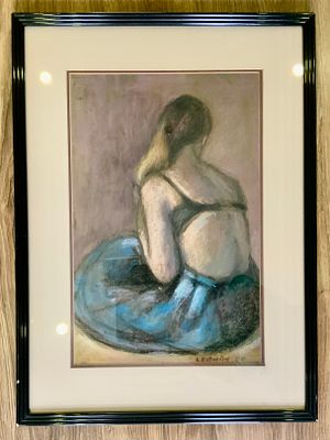 ציור גואש על מזונית חתום בלועזית LEIBMAN מתוארך 1960 דמות נערה מהגב , גודל עבודה 30X46 גודל 