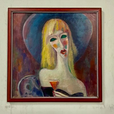 ציור שמן על בד RAVIL AKNAEV דמות נערה חתום מקדימה וכיתוב מאחור עם חתימה , גודל עבודה 49X49 ס"מ 