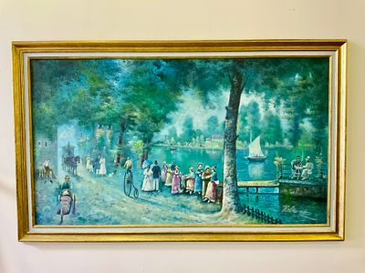 ציור שמן גדול על משטח , דמויות בכפר על הנהר חתום בלועזית חתימה לא מזוהה, גודל עבודה 120X69 גודל 