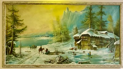 ציור שמן על בד , ענק מימדים , בית מושלג על נהר קפוא עם דמויות , גודל עבודה 200X105 גודל מסגרת 