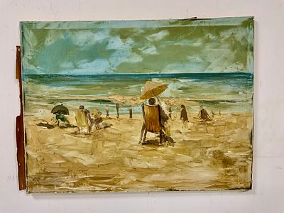 ציור שמן על בד , חתום מאחורה , דמויות בחוף הים ללא מסגרת אך מתוח גודל 60X80 -זקוק לטיפול עם נזקי מים