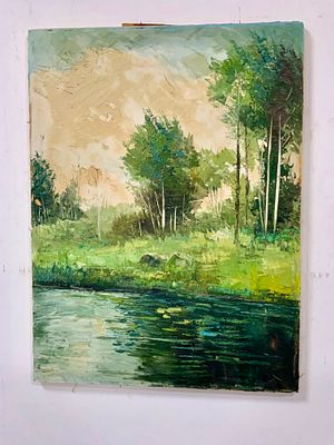 ציור שמן על בד , חתום חתימה מעט דהויה, נוף נהר ביער ללא מסגרת אך מתוח גודל 60X80 -זקוק לטיפול