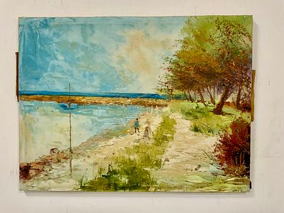 ציור שמן על בד , חתום חתימה מעט דהויה, דמויות הולכות על שפת הים ללא מסגרת אך מתוח גודל 60X80 