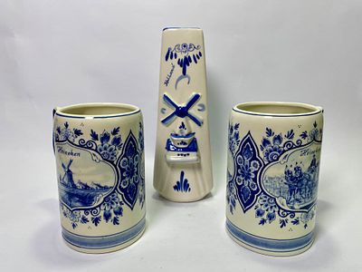לוט 3 פריטי פורצלןהולנדי חברת DELFT הכולל - אגרטל מעוטר תחנת רוח וציורים עבודת יד עם סדק בחלק 