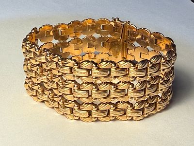 צמיד זהב אדום 14 קרט חתום - רטרו משנות ה40 -שמור מצויין-רוחב 28מ''מ - אורך 18.5 ס''מ - עם שרשרת 