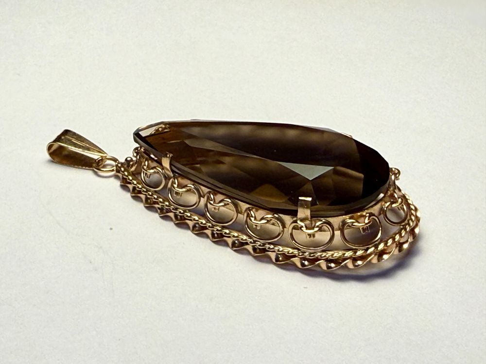 תליון זהב 14 קרט -16 גרם חתום כולל אבן חן סמוקי קוורץ טיפה גדולה 40X20X13 מ''מ