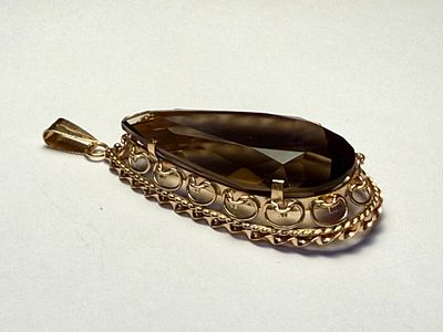 תליון זהב 14 קרט -16 גרם חתום כולל אבן חן סמוקי קוורץ טיפה גדולה 40X20X13 מ''מ