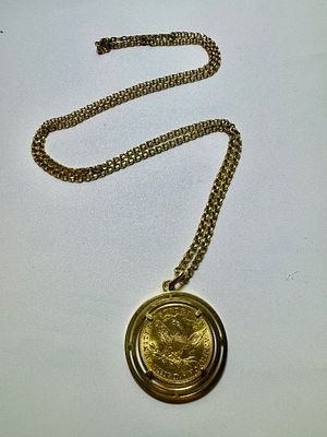 שרשרת ותליון עם מטבע זהב אמריקאי עתיק זהב 900 והשרשרת והתליון זהב 14k חתום משקל המטבע 16.7 גרם 