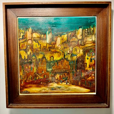 משה ינוקא חתום שמן על משטח גודל עבודה 46x46 ס׳׳מ גודל מסגרת 58x58 ס׳׳מ מעט סדקים בצבע