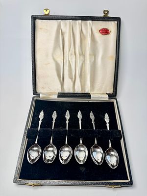 סט 6 כפיות כסף 925 חתום אנגלי עתיק בקופסא המקורית משקל 44.5 גרם