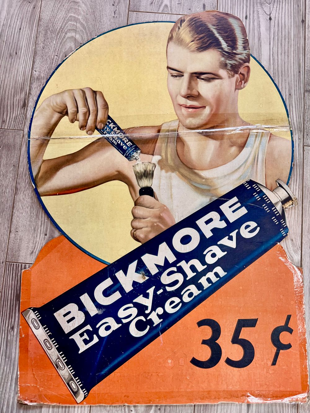 Young Ronald Reagan - Bickmore Shave (1930): פוסטר פרסומת וינטג' נדיר על קרטון עם פגמים בחלק 
