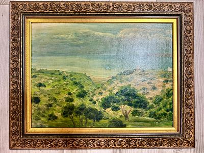 ‏ציור שמן על משטח נוף ים מתוארך 1943 חתום בעברית גודל עבודה 55x41 ס״מ גודל מסגרת 72x58 ס״מ