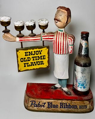 מעמד תצוגה עתיק - פרסומת Pabst Blue Ribbon (מוזג בירה) שלט פרסומת וינטג' תלת-ממדי ממתכת של בירה 