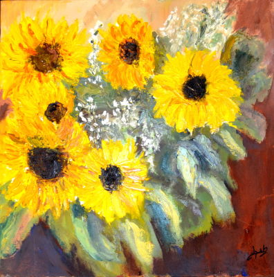 שמן על בד חתום לא מזוהה חמניות 50X50 ס"מ מסגרת 65X65 ס"מ