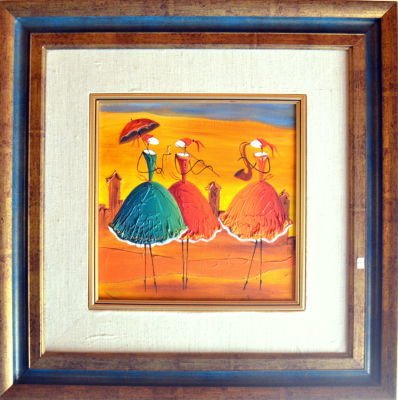 ציור שמן על בד אסתר מיטלוב חתום I.MYATLOV דמויות 30X30 ס"מ מסגרת 59X59 ס"מ