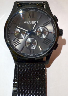 שעון AKRIBOS XXIV כרונוגרף זקוק לסוללה מצב כחדש שמור 40 מ"מ קוטר קופסה מקורית וניירות