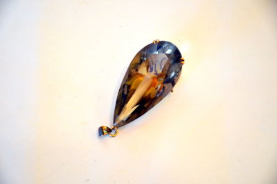 תליון זהב 14K משובץ אבן חן סמוקי קוורץ ליטוש טיפה 17X22X45 מ"מ משקל 14.5 גרם