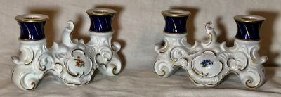 זוג פמוטים שני קנים כל אחד - פורצלן גרמני WALLENDORF - שנות ה 60 עם עיטורי זהב וקובלט - רוחב 17 