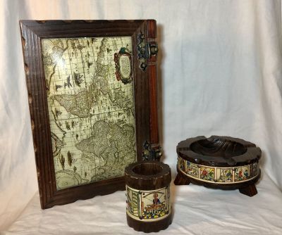 סט 3 חלקים עשויים עץ עבודת יד עם עיטוי הדפסים -למעשנים כולל : מאפרה קוטר 17 ס"מ - 
כלי לסיגריות 