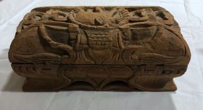 קופסה ערכת שקילה מעץ ומתכת בורמזית משקולות דמות פיל וקופסא מגולפת עבודת יד גודל 20X9.5X8 ס''מ