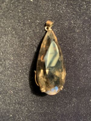 תליון זהב 14K משובץ אבן חן סמוקי קוורץ ליטוש טיפה 17X22X45 מ"מ משקל 14.5 גרם