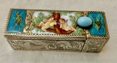 ליפסטיק - שפתון כסף ואמייל עתיק נפתח עם מראה 5.5 ס"מ אורך