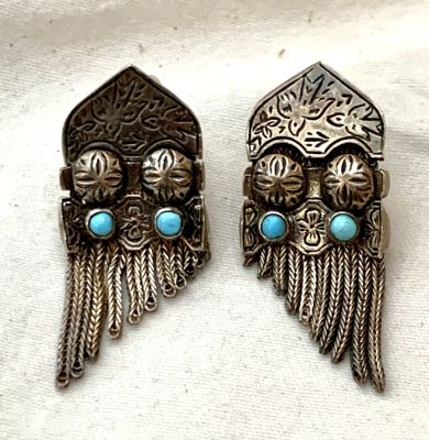 זוג עגילים קליפס כסף וטורקיזים 17 גרם - 4 ס"מ אורך -1,7 ס"מ רוחב