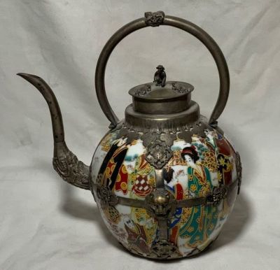 קומקום לתה פורצלן סיני ציור יד עם עיטורי נחושת ומפוסל חיות גובה כולל ידית 18 ס''מ