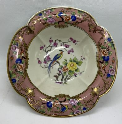 קערת פורצלן יפנית noritake יפן תחילת המאה ה20 מעוטר קובלט וציורי יד נוף פרחים וציפורים קוטר 24 ס׳׳מ