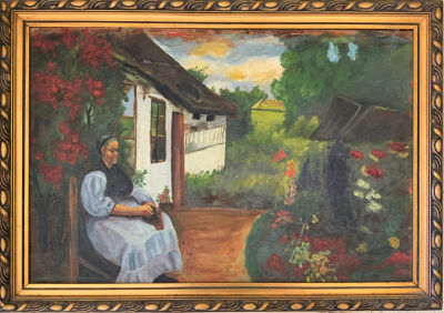 ש.ורטהימר ציור שמן על משטח חתום דמות אישה בנוף כפרי 58X39 ס''מ