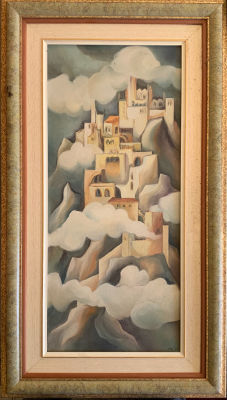דן לבני ציור שמן על בד חתום בתים בעננים 62X27 ס''מ