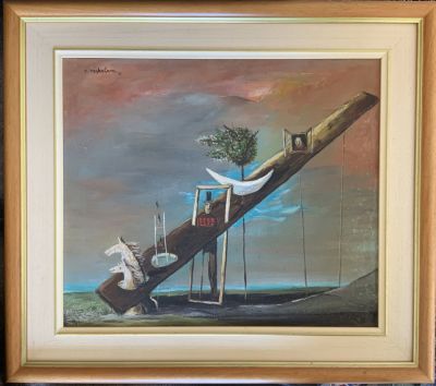 דוד משולם ציור שמן על בד חתום דמויות על שפת הים גודל 35X41 ס''מ