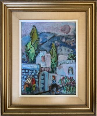 הנייה טייכמן ציור שמן על משטח חתום נוף כפרי ודמויות 30X40 ס''מ