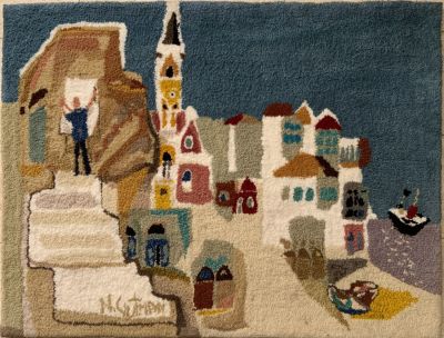 נחום גוטמן שטיח צמר עבודת אמן של חברת תבור - נוף יפו - 
לתלייה מרהיב ומיוחד 126X96 ס''מ