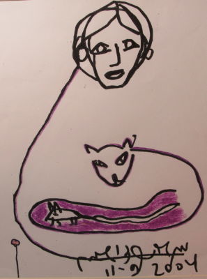 קדישמן הדפס צבוע ביד וחתום אישה וחתול 29X31