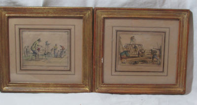 זוג ציורים הדפסים מיניאטורים עתיקים צבועים ביד גודל מסגרת 17X18 ס׳׳מ