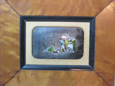ציור עבודת יד אמייל על זכוכית צעירים וכלב 29X24 ס׳׳מ