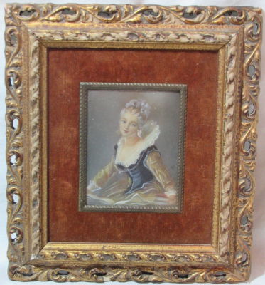 ציור עבודת יד מיניאטורי עתיק וחתום פורטרט נערה מידה כולל מסגרת 18X20 ס׳׳מ