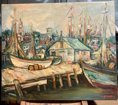 שמן על בד חתום JACQUES ZUCKER נוף נמל עם סירות גודל ללא מסגרת 66X55 ס''מ 
הבד עבר מתיחה וטיפול