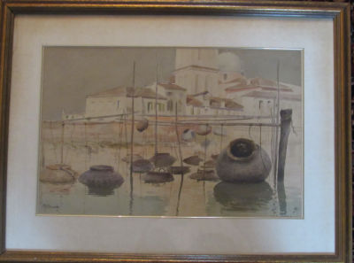 GASTON BETHUNE ציור אקוורל חתום53-34 סמ - גדות הנהר גודל כולל מסגרת 74X55 ס''מ