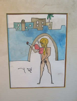 עמוס קיינן צבעי מים דמות מנגנת בעיר 22X28 ס''מ אין זכוכית