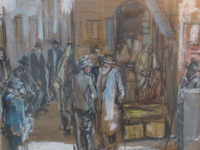 קורט זינגר Kurt SINGER (1905-1989) ציור גועש על נייר דמויות יוצאות מבית הכנסת חתום בעברית 